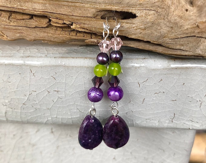 Bohemian Lepidolite, Pearl & Peridot Earrings
