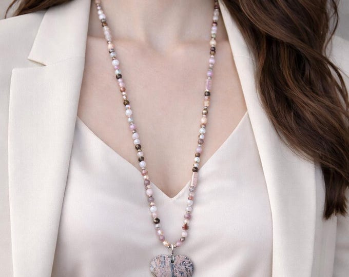 Rhodochrosite Rose Quartz Crystal & Rhodonite Heart Necklace