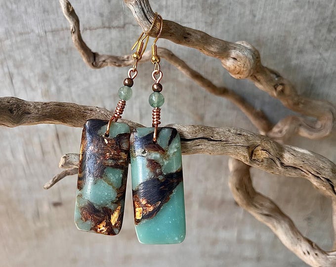 Copper Bornite and Quartz Crystal Earrings - 2.5 inch