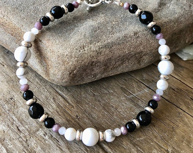 Black Onyx, Howlite & Quartz Crystal Bracelet