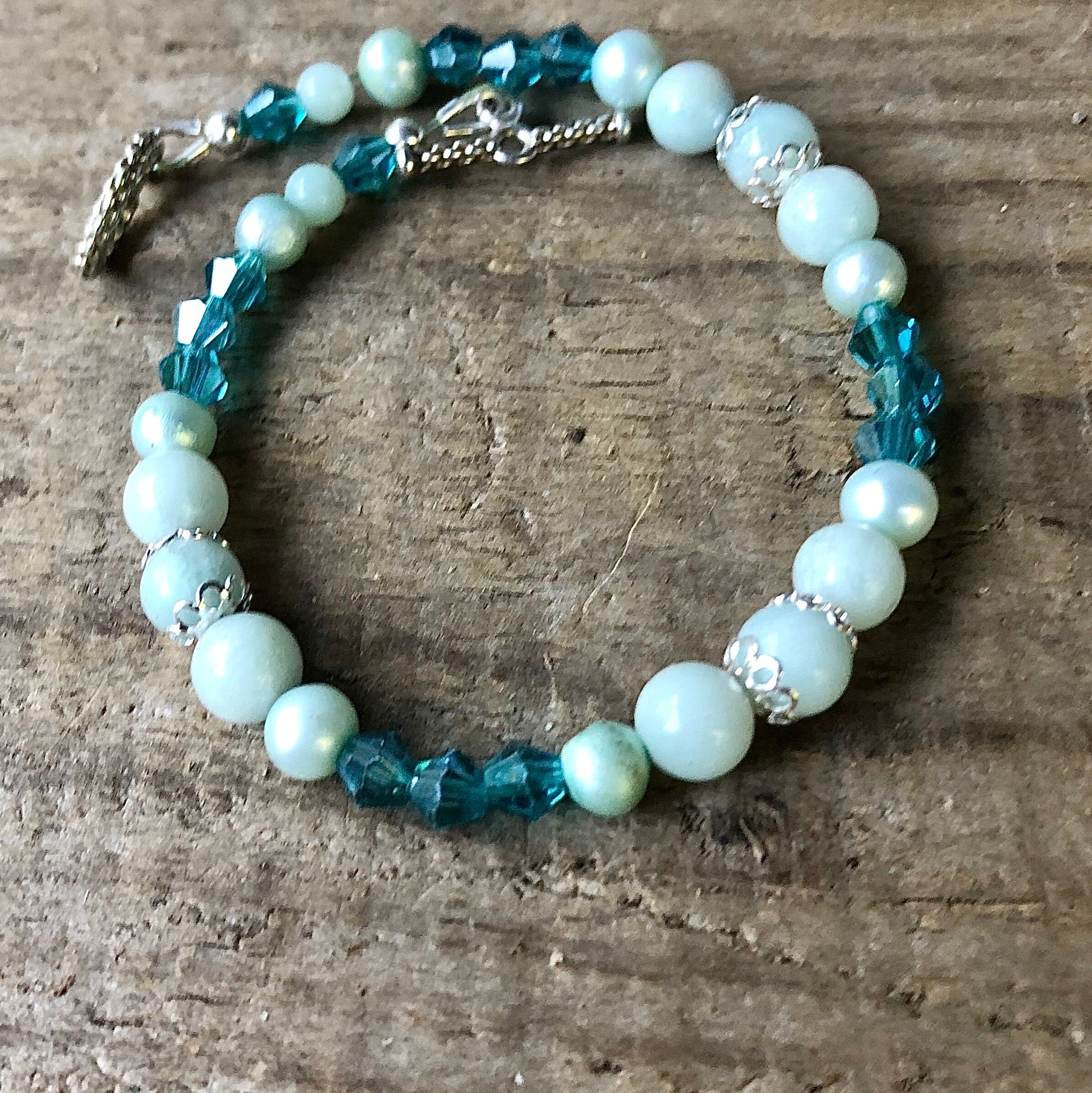 Blue Amazonite Pearl & Crystal Bracelet, Boho Gemstone Statement ...