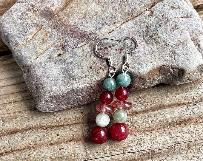 Burmese Jade, Garnet & Cherry Quartz Earrings
