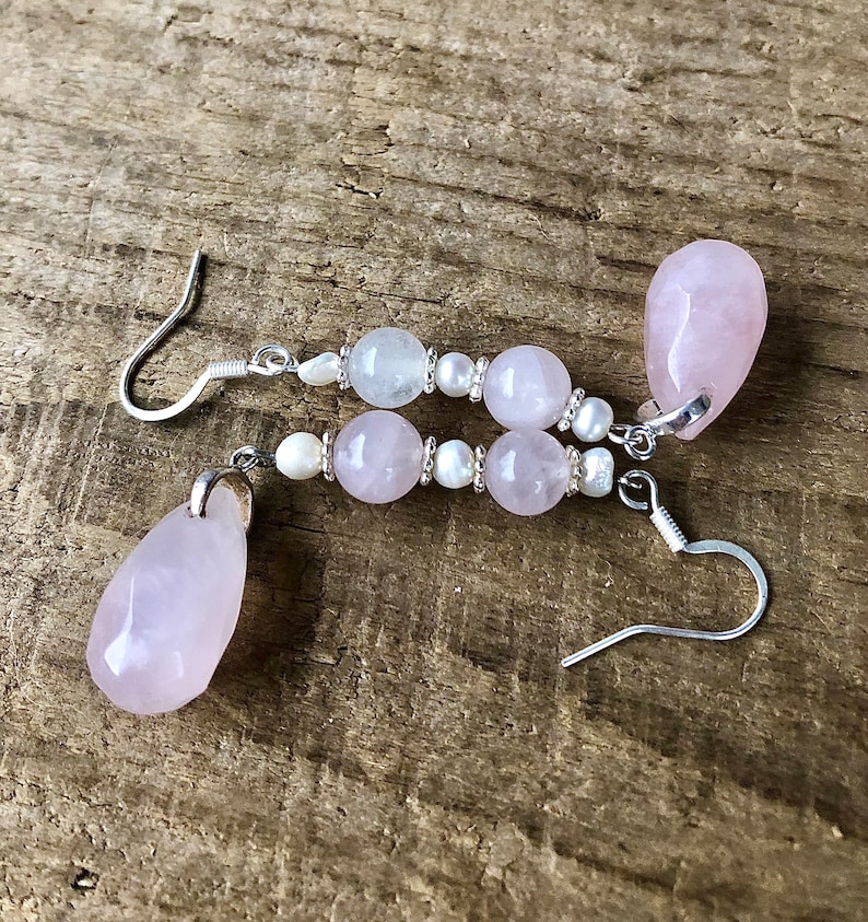 Pure Love Lucky Pink Quartz Gemstone Earrings Rose Quartz /& Pearl Earrings Mom Gift for Her Boho Pink Heart Chakra Jewelry