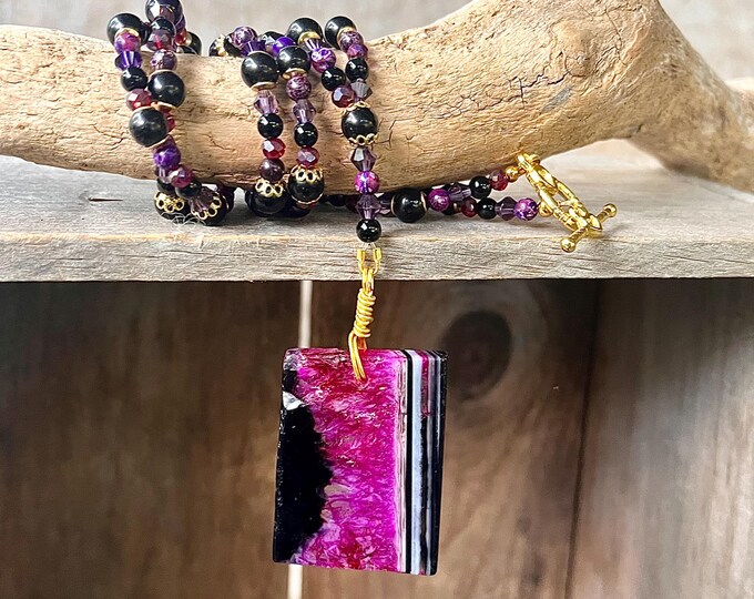 Onyx, Agate Druzy, Lepidolite & Quartz Crystal Gemstone Necklace