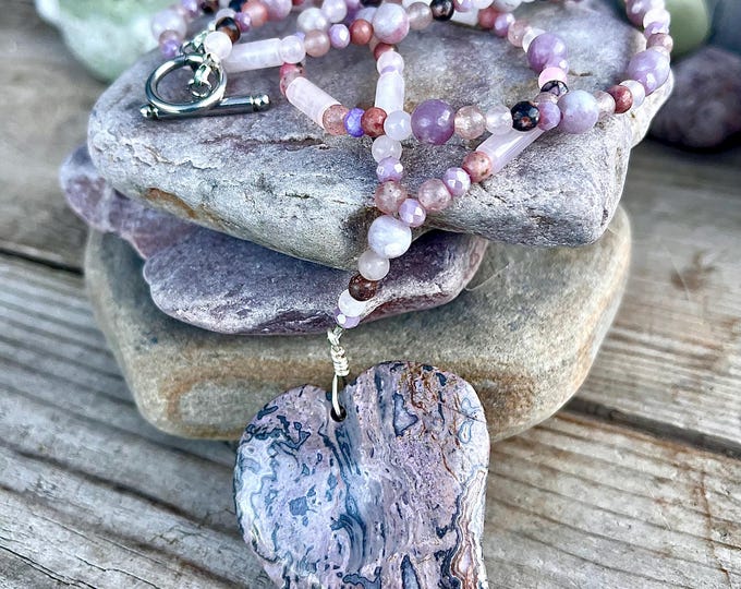 Bohemian Leopard Jasper Lilac Stone Rhodonite & Rose Quartz Heart Statement Necklace