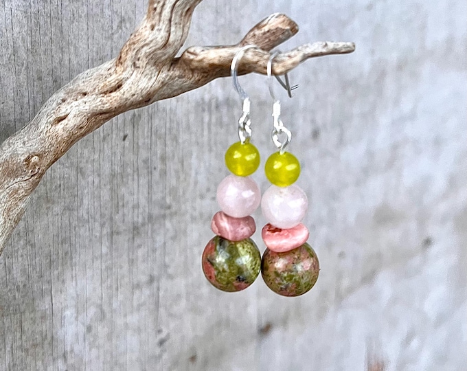 Unakite, Rhodochrosite & Rose Quartz Earrings