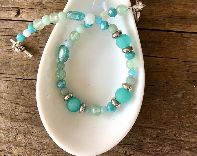 Amazonite, Quartz Crystal, Aventurine, and Silver Bracelet