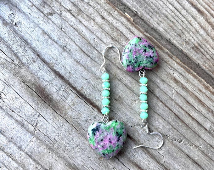 Ruby in Fuchsite Heart Drop Earrings