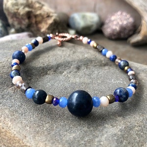 Ocean Jasper Lapis Lazuli Agate Copper and Quartz Crystal Bracelet, Boho Handmade Statement Jewelry, Girlfriend 30th Birthday Gift for Wife