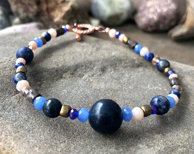 Ocean Jasper Lapis Lazuli Agate Copper and Quartz Crystal Bracelet - 7.75 inch