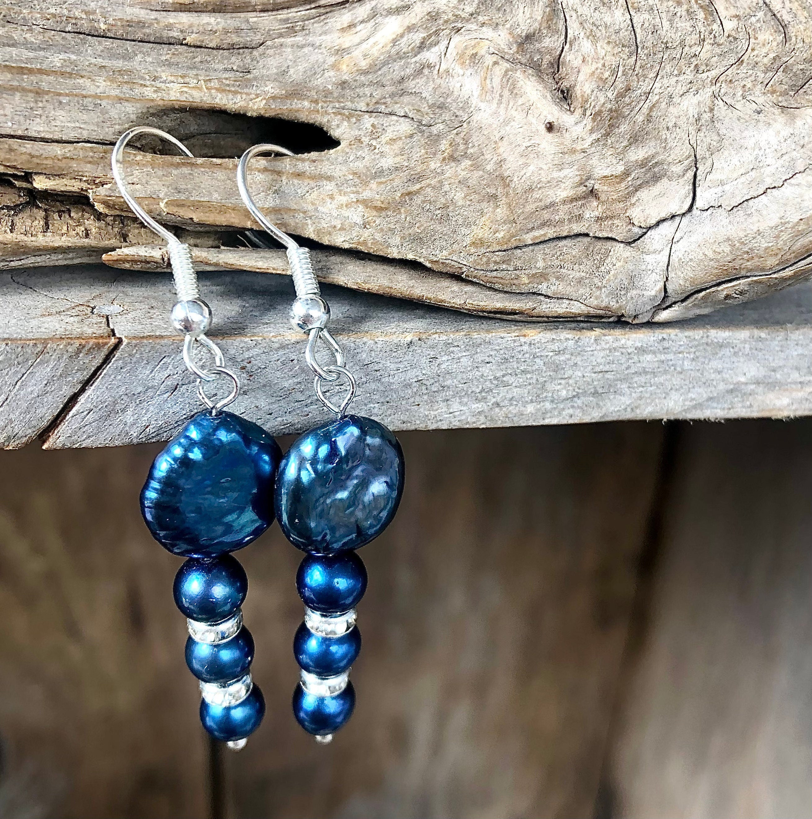 Dark Blue Freshwater Pearl Earrings 2 inch
