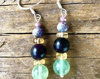 Fluorite Quartz Crystal Citrine & Jasper Earrings, Girlfriend 30th Birthday Gift for Wife, Boho Healing Crystal Fashion Statement Jewelry