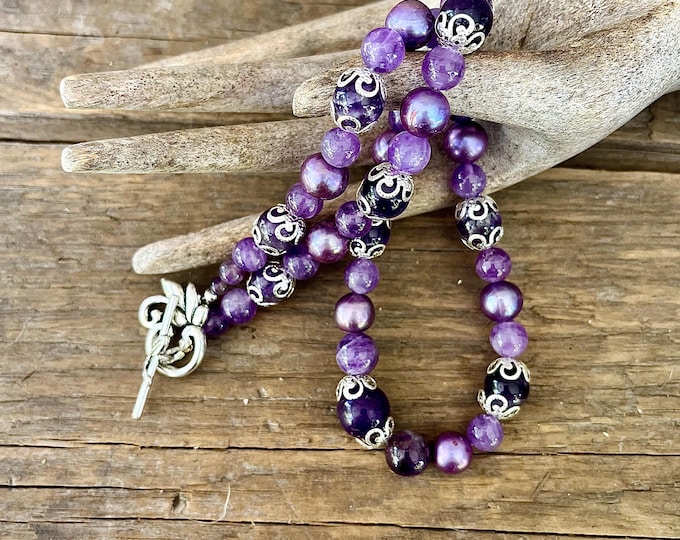 Purple Amethyst, Freshwater Pearl & Silver Necklace