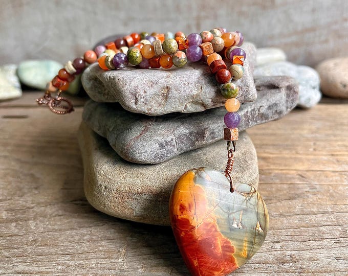 Picasso Jasper Heart, Ocean Jasper Carnelian Lepidolite & Sunstone Necklace