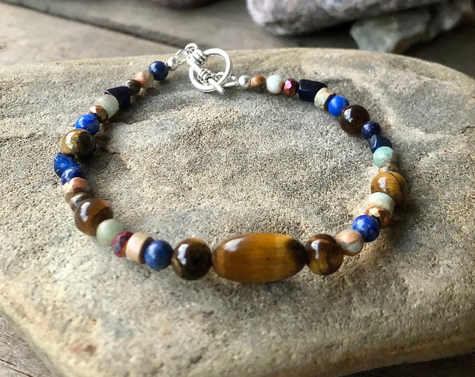 Blue/Gold Tiger Eye, Jasper, Lapis Lazuli & Quartz Crystal Bracelet