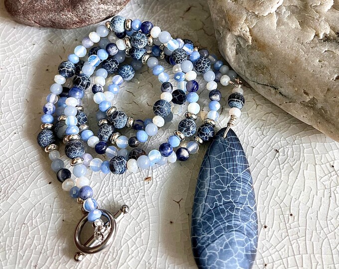 Dragon Veins Agate, Sodalite, Quartz Crystal & Opal Necklace