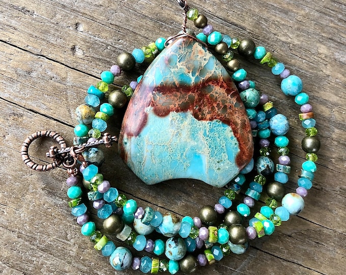 Turquoise Ocean Jasper Copper & Quartz Crystal Necklace - 34 inch