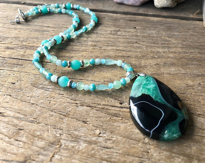 Onyx Agate Druzy Aventurine Amazonite Apatite & Quartz Crystal Necklace - 20 inch