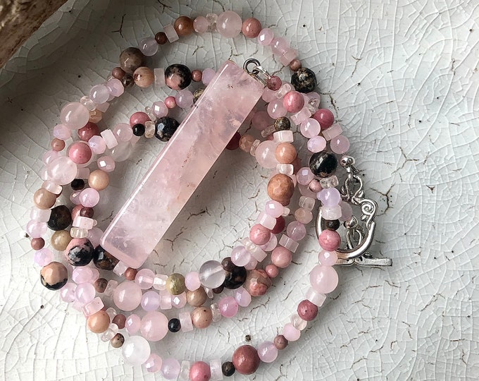 Rose Quartz Rhodonite & Quartz Crystal Necklace