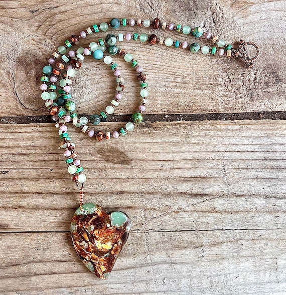 Collier Bohème Chic Artisanal Alba Flory - Ambre Naturel Et Cristal Vert, Long 45 Cm, Neuf étiqueté