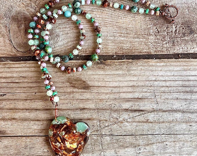Aventurine, Ocean Jasper and Copper Bornite Heart Necklace