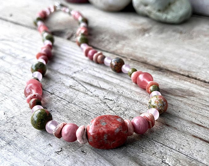 Unakite Jade Rose & Cherry Quartz Rhodochrosite Necklace