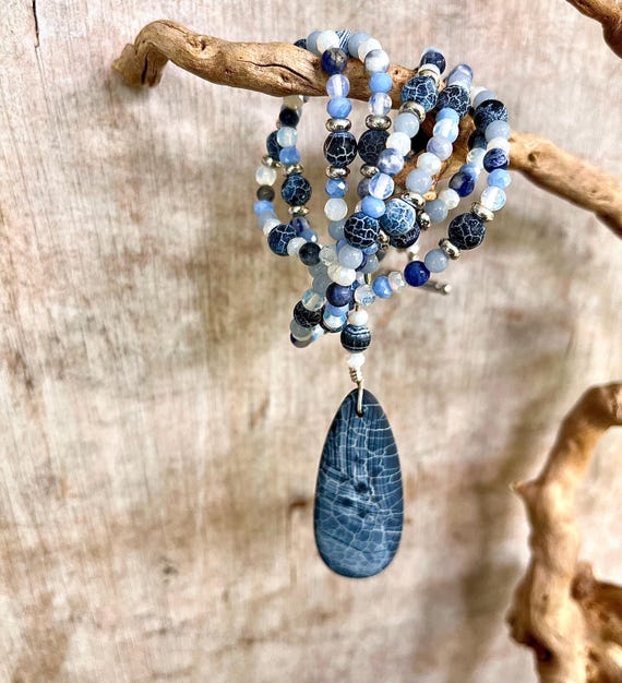 Dragon Veins Agate Sodalite Quartz Crystal Opal Necklace, Boho