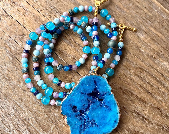 Agate Druzy, Blue Topaz, Larimar, Jasper, Lilac Stone & Quartz Crystal Necklace