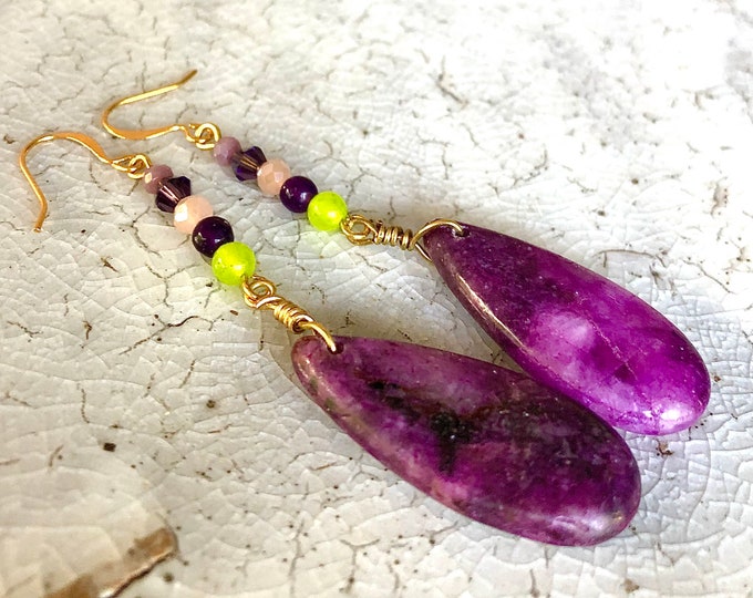 Quartz Crystal Peridot Lepidolite & Amethyst Earrings - 2.5 inch