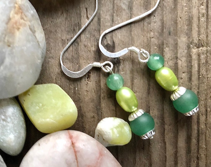 Green Freshwater Pearl Agate & Aventurine Earrings, Lucky Green Gemstone Earrings, Girlfriend 40th Birthday Gift for Wife, Handmade Jewelry