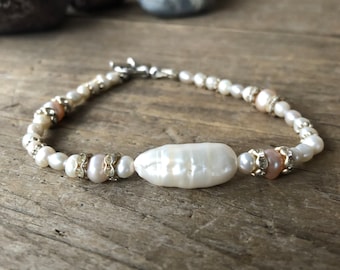 Handmade Sterling Silver Freshwater Pearl Bracelet, Bridal Boho Jewelry