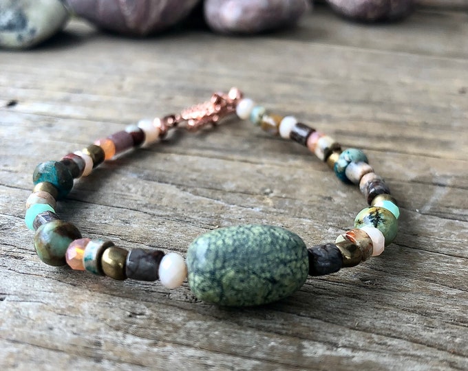 Soft Green Ocean Jasper, Copper Bornite & Quartz Crystal  Bracelet - 7.5 inch*