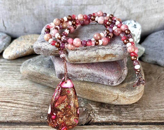 Ocean Jasper Copper Bornite Quartz Crystal & Rhodochrosite Healing Necklace