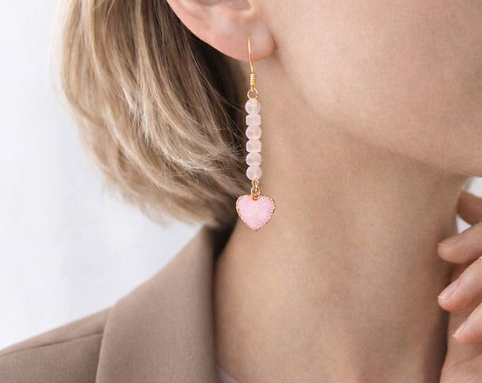 Rose Quartz and Agate Druzy Heart Earrings