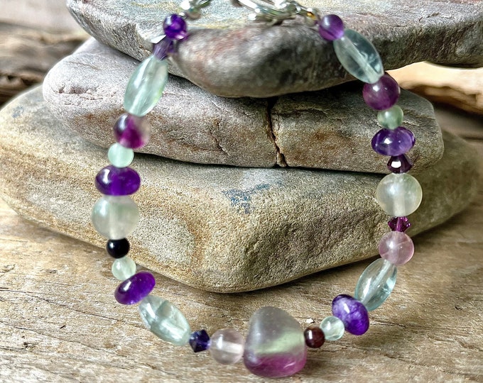 Fluorite, Quartz Crystal, & Amethyst Bracelet