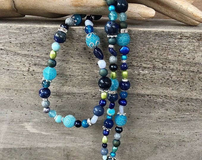 Dragon Veins Agate Lapis Lazuli Sodalite Jasper & Freshwater Pearl Necklace - 22 inch