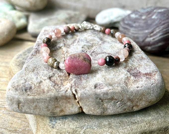 Pink Rhodonite, Rhodochrosite, Rose and Cherry Quartz, & Crystal Bracelet