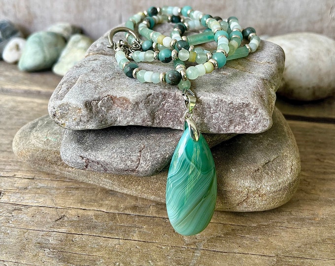 Agate, Aventurine, Amazonite, Jasper, & Silver Necklace