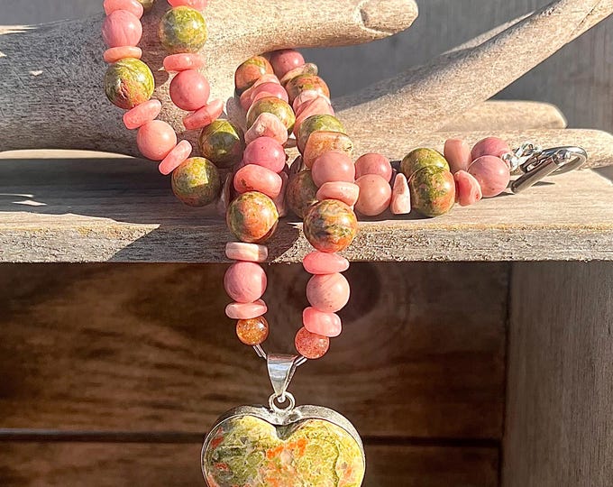 Unakite Rhodochrosite Boho Necklace