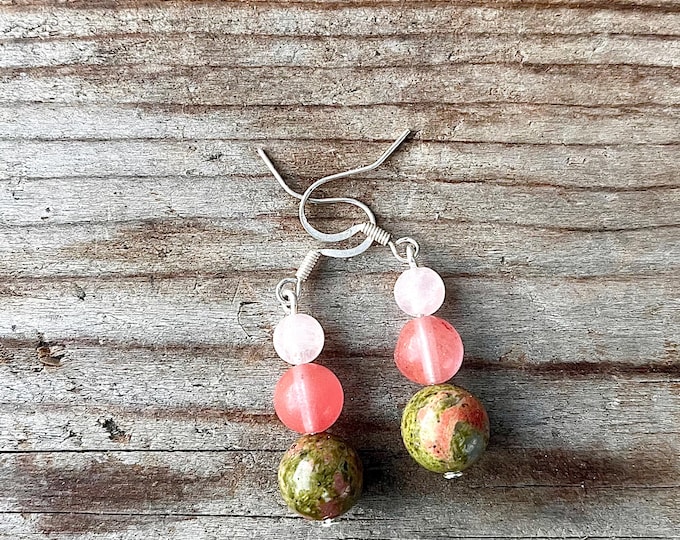 Unakite, Rhodochrosite & Rose Quartz Earrings