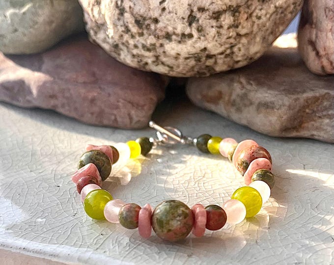 Rhodochrosite Peridot Unakite & Cherry Quartz Bracelet