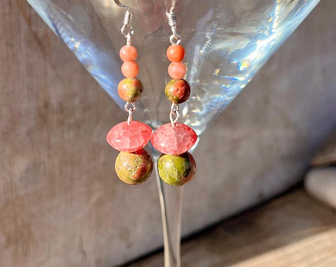 Pink Rhodochrosite Unakite Dragon Veins Agate & Cherry Quartz Earrings