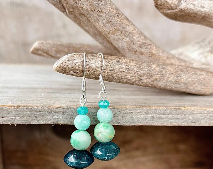 Blue Amazonite Agate Druzy Jasper & Quartz Crystal Earrings