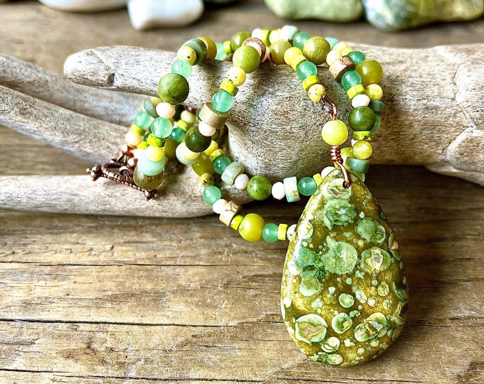 Kambaba Jasper, Quartz Crystal, Jade & Aventurine Necklace