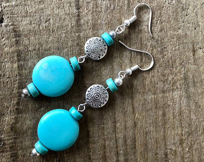 Boho Turquoise & Silver Earrings - 3 inch