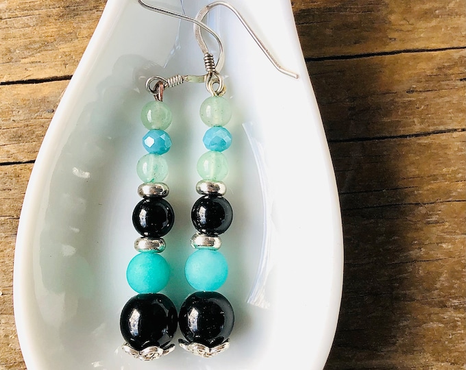 Onyx Amazonite Aventurine Silver & Quartz Crystal Earrings - 2 inch