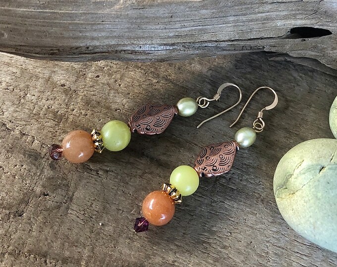 Carnelian Jade Pearl Quartz & Copper Earrings - 2.5 inch