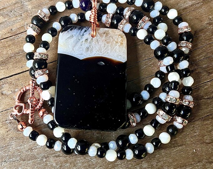 Onyx, Agate Druzy, Opal, Rose Gold & Crystal Gemstone Necklace