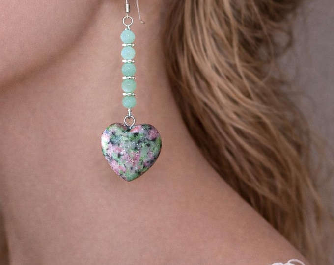 Ruby in Fuchsite Heart Drop Earrings