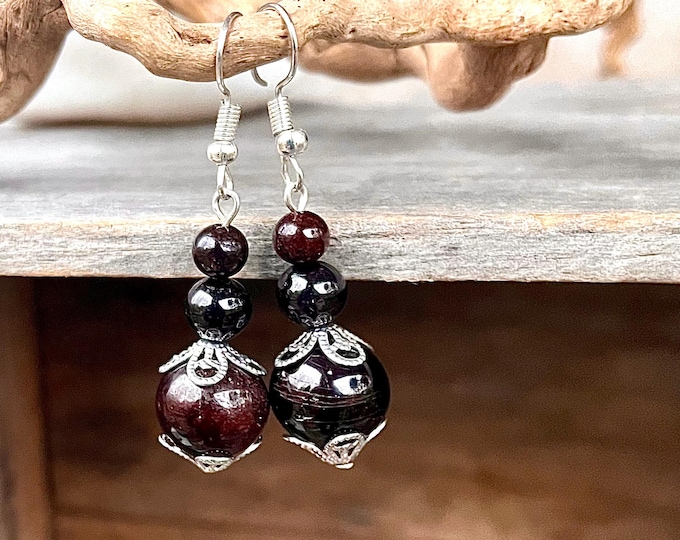 Deep Red Garnet & Silver Filigree Earrings